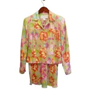Doncaster Jacket Skirt Suit Set Silk Linen Blend Floral Watercolor Print Size 6